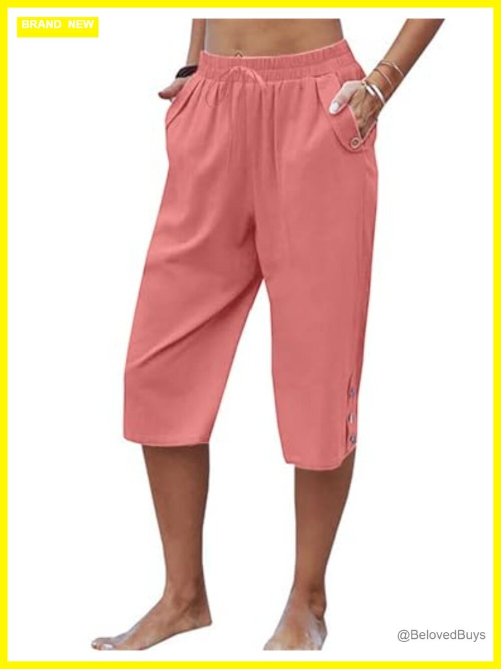 Womens 100% Cotton Capri Pants Elastic Waist Wide Leg Trousers with Pockets